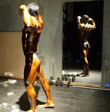 Bodybuilder posing in front of a mirror