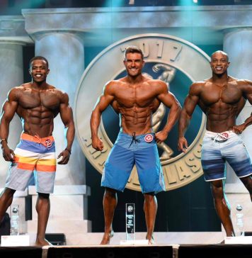 Men's Physique winner Ryan Terry (center) 2nd Andre Ferguson (lt) 3rd Brandon Hendrickson (rt)-Photo by Oliver Hamlin
