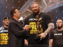 Hafthor Bjornsson wins The Arnold Strongman Classic with Gov. Arnold Schwarzenegger Photo by Dave Emery