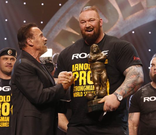Hafthor Bjornsson wins The Arnold Strongman Classic with Gov. Arnold Schwarzenegger Photo by Dave Emery