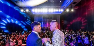 Martin Nguyen and Narantungalag Jadambaa stare down at ONE: ROOTS OF HONOR official kick-off press conference Martin Nguyen