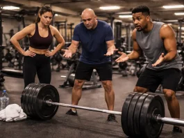 Frustrated gym members looking at a heavily loaded barbell left on the floor by another lifter.