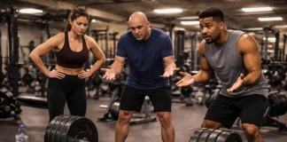 Frustrated gym members looking at a heavily loaded barbell left on the floor by another lifter.