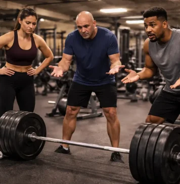 Frustrated gym members looking at a heavily loaded barbell left on the floor by another lifter.