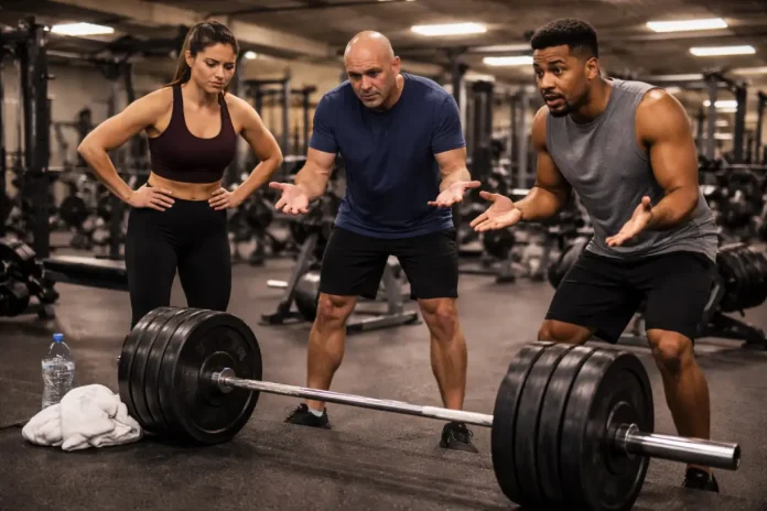 Frustrated gym members looking at a heavily loaded barbell left on the floor by another lifter.