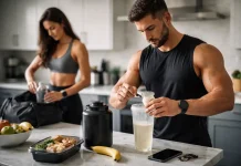 Two fitness addicts / enthusiasts preparing morning routine