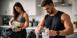 Two fitness addicts / enthusiasts preparing morning routine