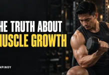 The Truth About Muscle Growth: What Actually Builds Muscle Man performing a dumbbell curl beside the headline “The Truth About Muscle Growth.”