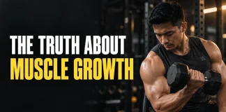 Man performing a dumbbell curl beside the headline “The Truth About Muscle Growth.”