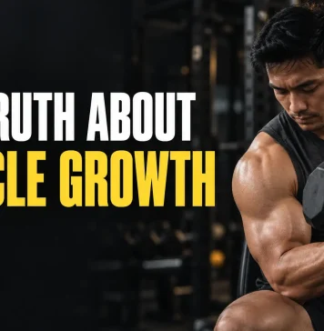 Man performing a dumbbell curl beside the headline “The Truth About Muscle Growth.”